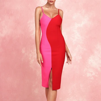 

Ocstrade Rose Red Strapy Sleeveless Over Knee Slit Bandage Dress PF19172-Rose-Red