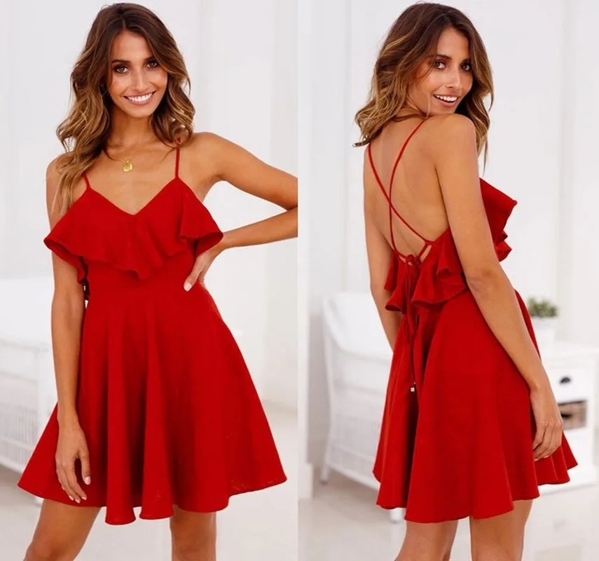 

European and American Summer Popular Sexy Suspender Ruffle Slim Open Back Cross Dress Clothes Sexy Dress Y2k Dress