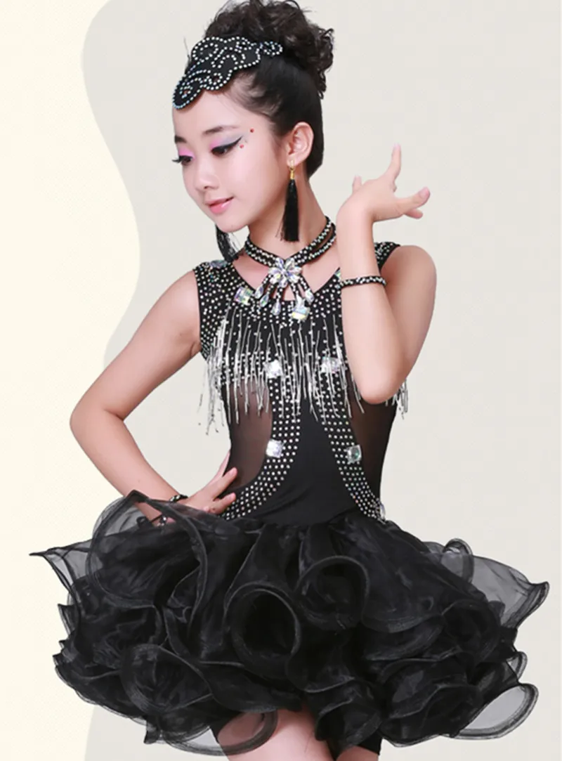 

Black Latin Dance Skirt Girls' Performances Competition Sequined Tassels Children Latin Dance Costumes