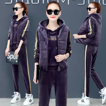 

3PCS Winter Women Sportswear Tracksuit Thick Velvet Warm Jacket+hoodie+pant Running Jogger Fitness Workout Casual Set Sport Suit