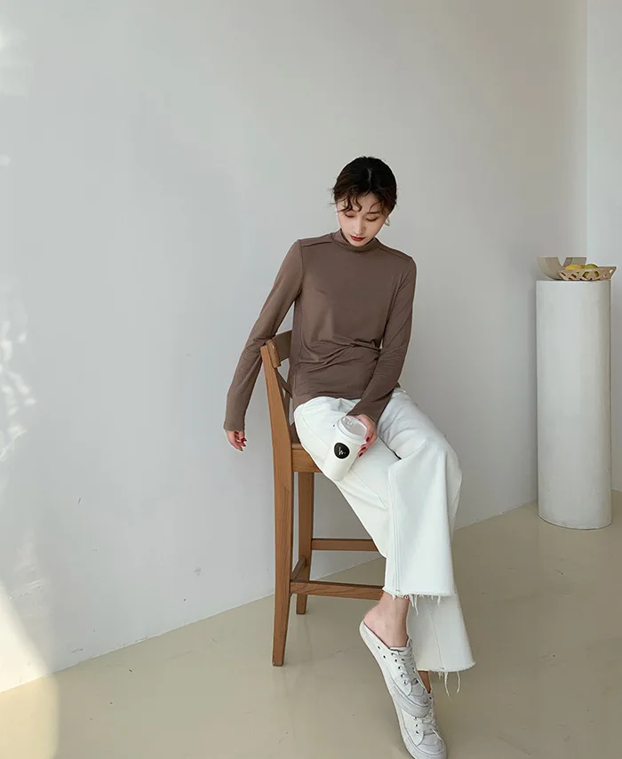 Shoulder Splicing Modal Cotton Autumn Long Sleeve Top Tee Shirts Korea Casual Tshirt Slim Fit Ladies T-shirt