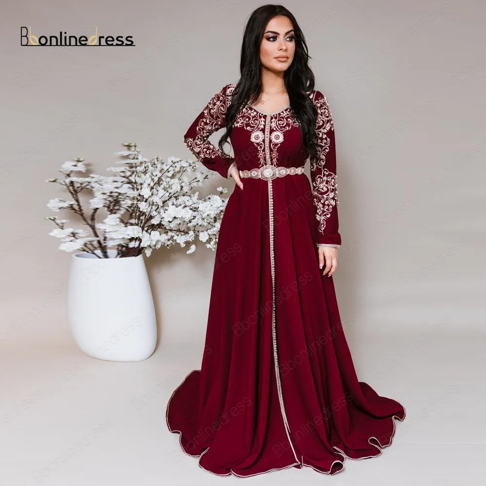 

Burgundy Muslim Evening Dress Golden Embroidery Women Party Wear Moroccan Kaftan Formal Party Dresses robe de soiree