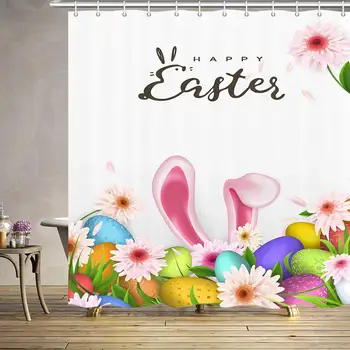 

Easter Day Shower Curtain for Bathroom, Rabbit Ears and Easter Eggs Polyester Fabric Bath Curtains with Hooks