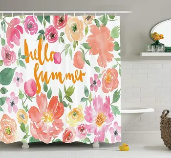 

Summer Shower Curtain, Flower Rose Wreath Classic Frame Border with Hello Summer Note Congratulation Event, Cloth Fabric
