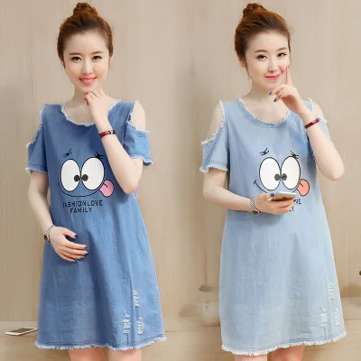 

Maternity Clothes 2018 Spring And Summer New Style Korean-style Loose Short Sleeve off-Shoulder Cowboy Printed Pregnant Women Dr