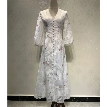 

Zinnia Scallop Applique Dress Women Robe Midi Fit Bodice A-line Embroidery Billow Sleeves Buttons Hem Split Autumn Dropshipping