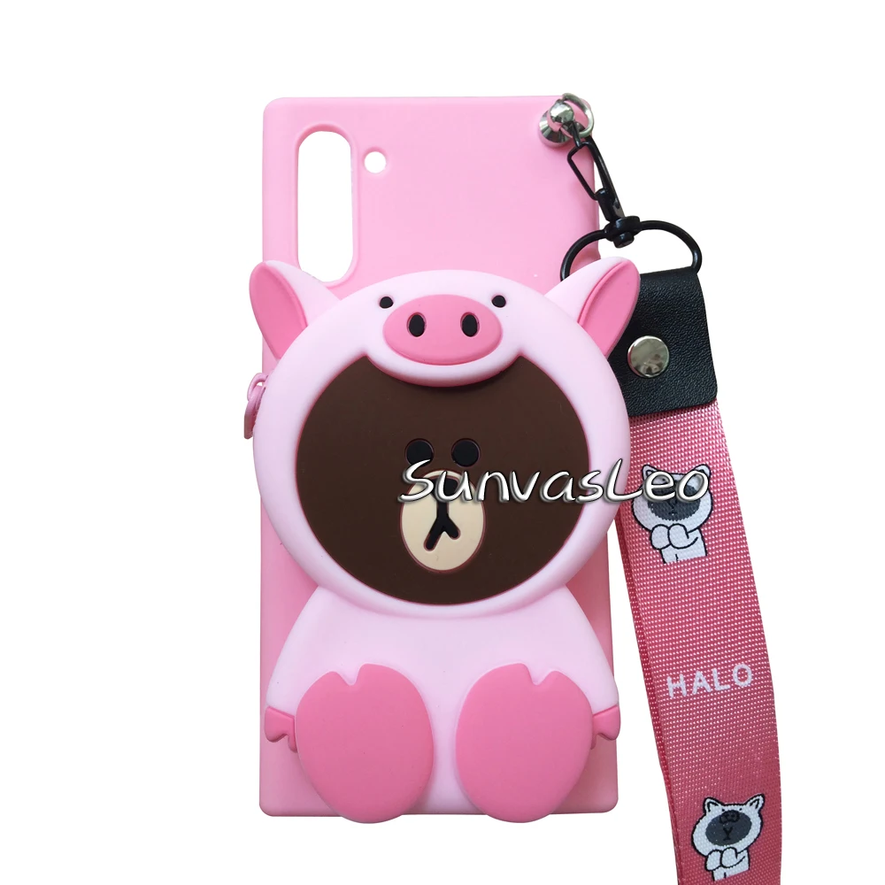 Pink Bear 3D кошелек для samsung Galaxy Note 10/Note 10 Plus, мягкий силиконовый чехол с изображением животных из мультфильма, чехол-кошелек, чехол для телефона с цепочкой и кабелем - Цвет: Pink Bear