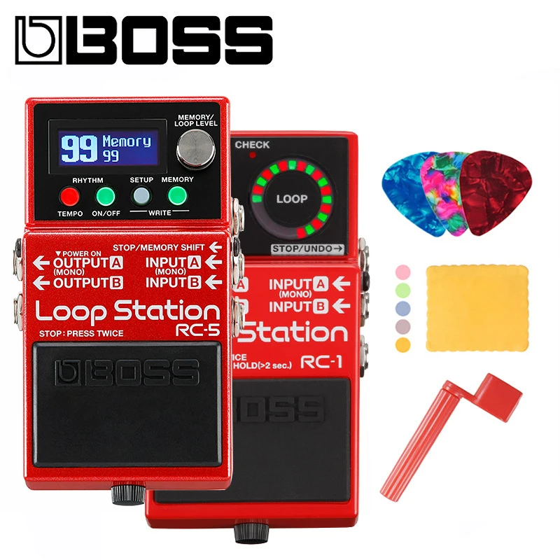 Boss Rc-1 O Rc-5 Loop Stazione Pedale Per Chitarra Bundle Con Plettri, Panno Di Lucidatura E Corde Avvolgitore