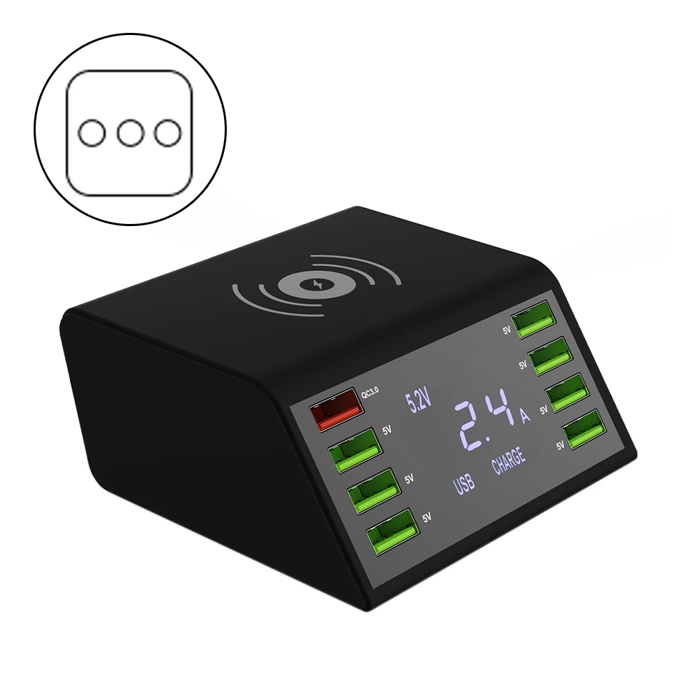 8 портов Быстрая зарядка USB зарядное устройство QC 3,0 умный адаптер питания станция ЖК-дисплей+ беспроводная Быстрая зарядка Eu/US/Au/UK вилка - Тип штекера: Европейский Союз (ЕС)