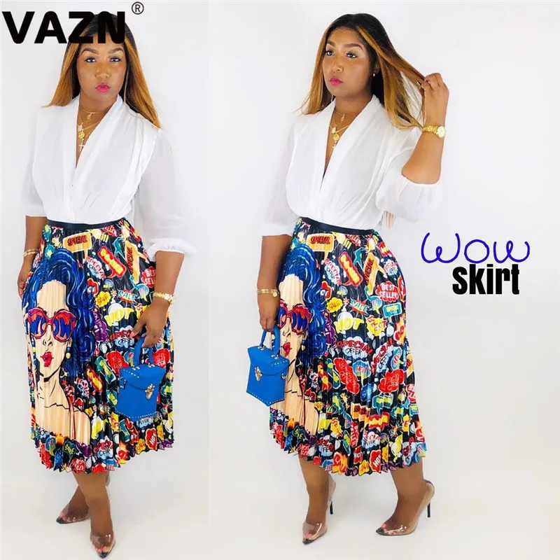 VAZN GLSD18277 Новая мода распродажа высокие уличные юные плиссированные юбки с принтом ночной клуб ветер средней длины юбки Офисная Женская юбка