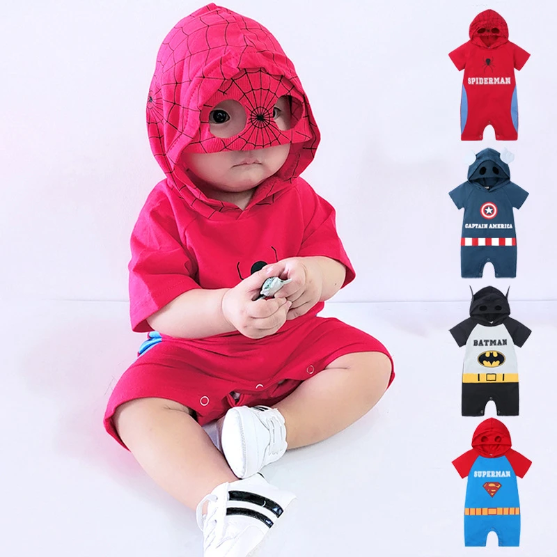 Летняя одежда для новорожденных девочек с супергероями Ropa Bebe, комбинезон с капюшоном и короткими рукавами для детей от 6 до 18 месяцев, хлопковый комбинезон для маленьких мальчиков, комбинезон, костюм