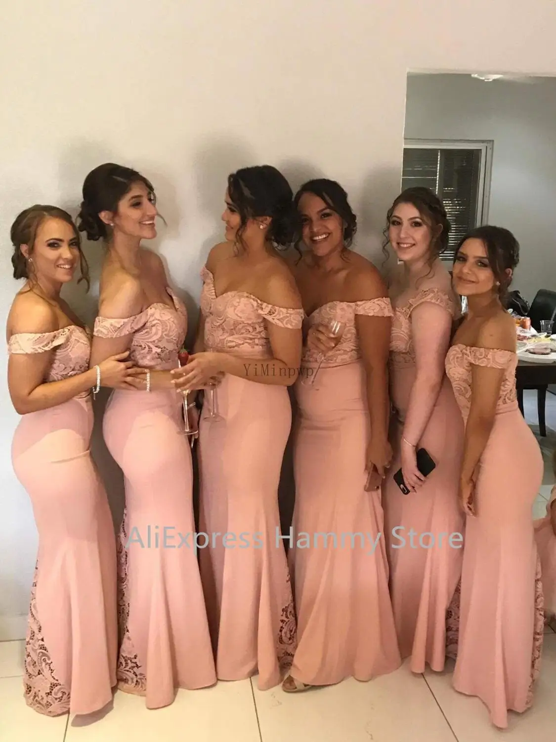 

Blush Pink Mermaid Bridesmaid Dresses Off Shoulder Floor Length Lace Garden Wedding Guest Party Gowns Maid of Honor Dress Arabic