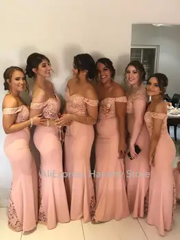 

Blush Pink Mermaid Bridesmaid Dresses Off Shoulder Floor Length Lace Garden Wedding Guest Party Gowns Maid of Honor Dress Arabic
