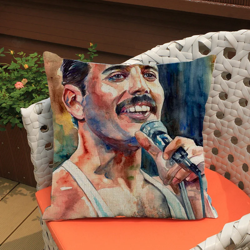Queen Band Music Art Freddie Mercury Watercolor Vintage Portrait Cushion Cover Poster Design Decorative Sofa Throw Pillow Cover