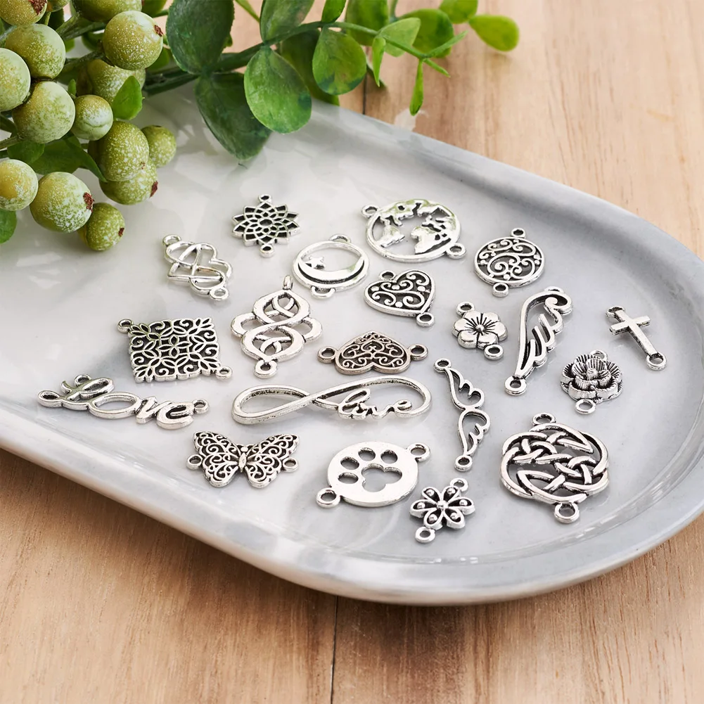 200Pcs/lot 20 Styles Tibetan Alloy Vintage Wing Butterfly Blossom Flower Heart Charm Pendants DIY Jewelry for Necklace Bracelet