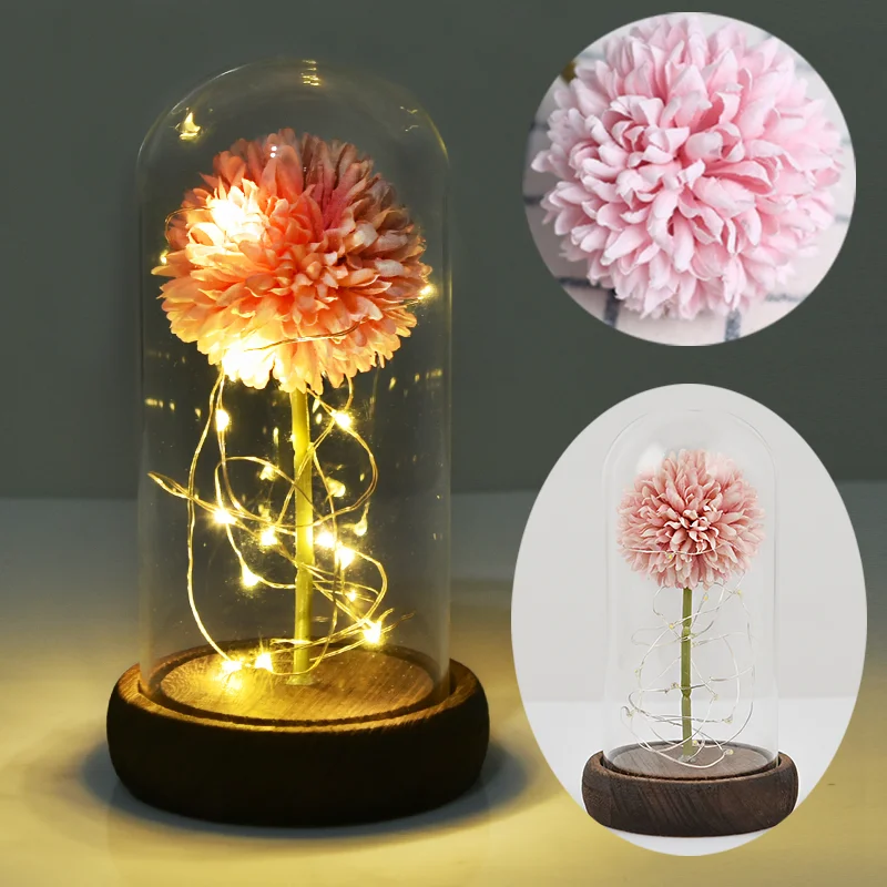 Pink Dandelion Прямая поставка, красная роза в стеклянном куполе, светодиодный светильник с деревянной основой, подарок ко дню матери Святого Валентина - Цвет: Pink Dandelion