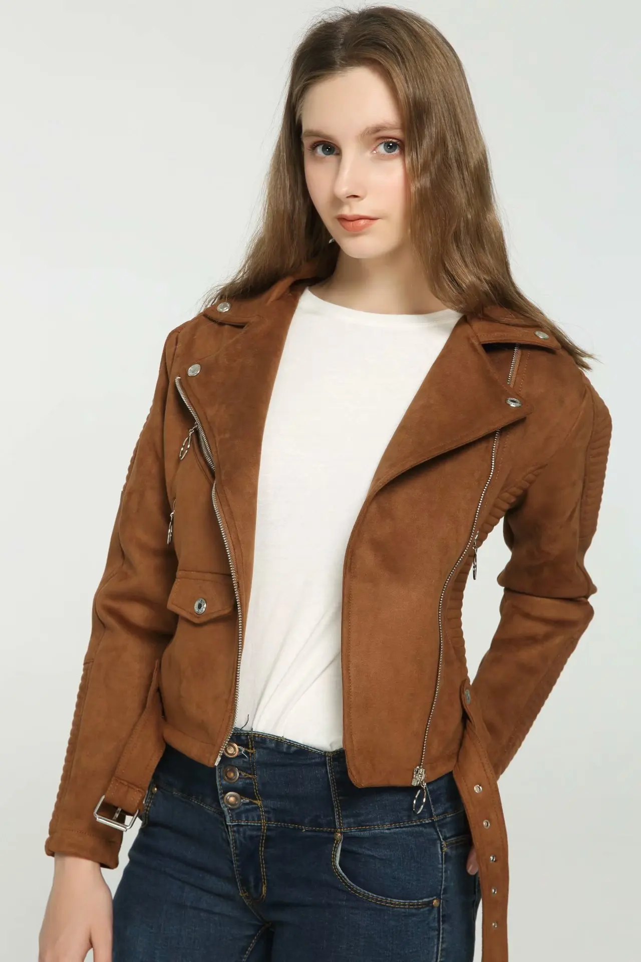 

2018 Autumn And Winter New Style Western Style Fold-down Collar Locomotive Suede Fabric Jacket Coat Women's Slim Fit Short Tops