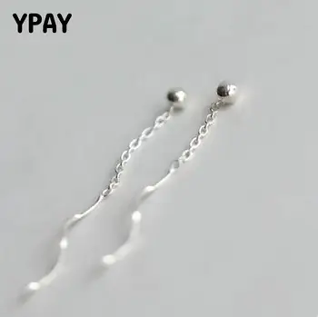 

YPAY 100% Real 925 Sterling Silver Long Ear Line Chain Drop Earrings for Women Korea Bead Tassel Earring Party Jewelry YME620