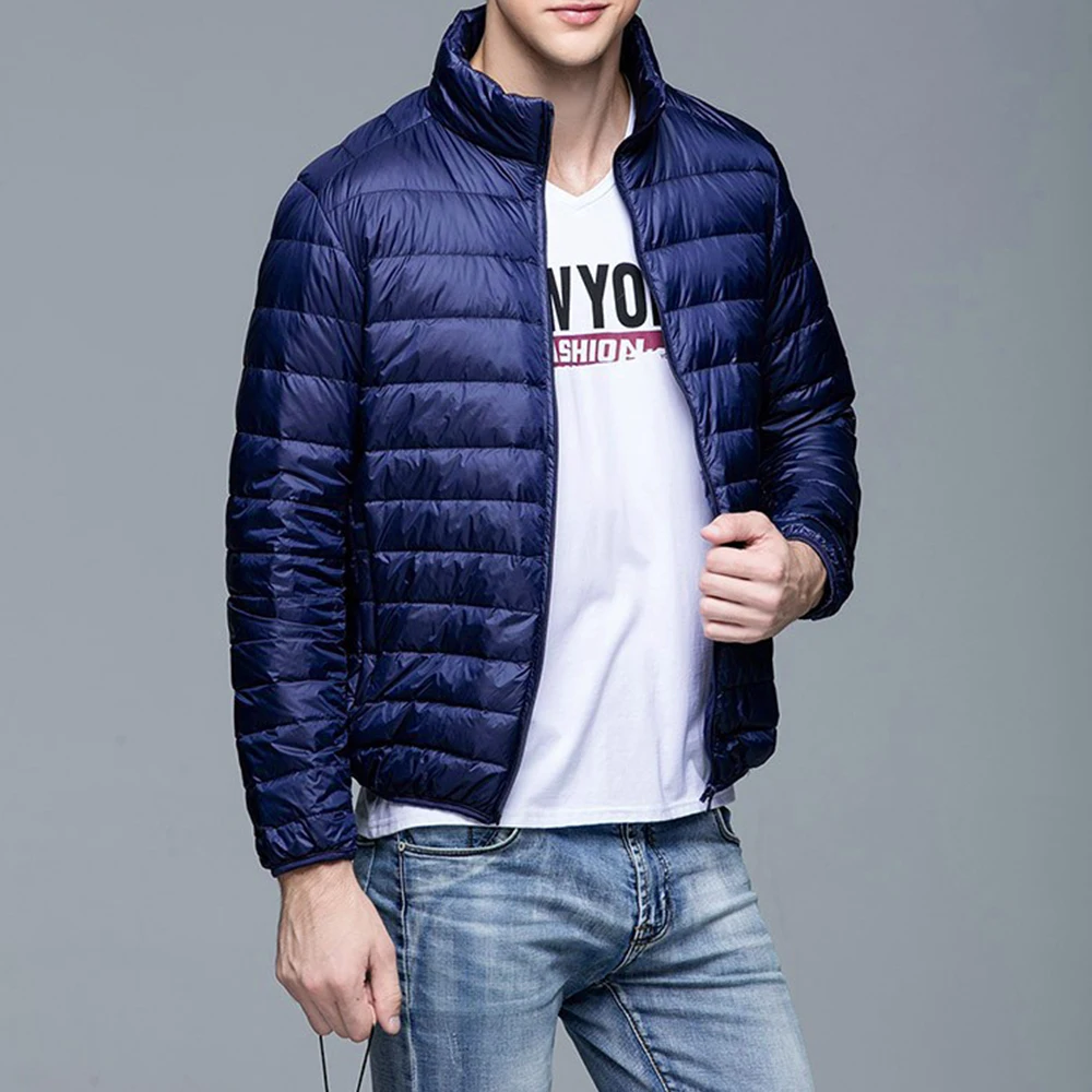 Navy Blue Зимняя легкая зимняя куртка-пуховик Мужская Мода Короткие ультра-тонкий светильник вес утепленные Водоотталкивающая куртка Для мужчин подходят пуховое пальто - Цвет: Navy Blue
