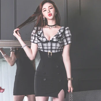 

Cute Lady V-Neck Plaid Black Patchwork High Waist Mini Bodycon Sexy Cloth Ruffles Sashes Short Sleeve Female Club Dress