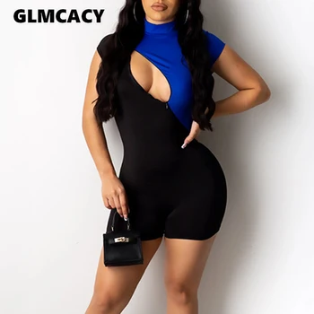

Plus Size Low Cut Out Stretch Romper Women Short Sleeve Splicing Sexy & Club Summer Playsuits