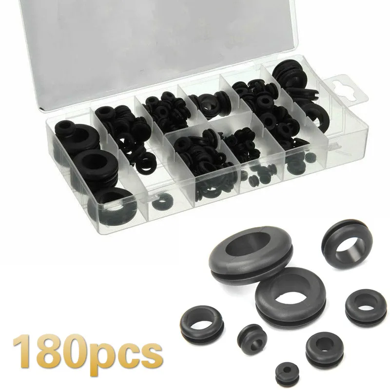 

180Pcs New Gasket Kit High Quality Black Rubber Washer Seals Grommets Assortment Set Spare Parts Wiring Cable With Box