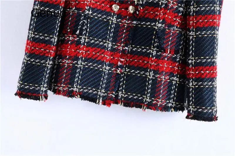 2020 Women Vintage Tweed Red Plaid Blazer Double Breasted Tassel Suit Soft Wool Office Jacket Coat Spring Autumn Lady Outerwear