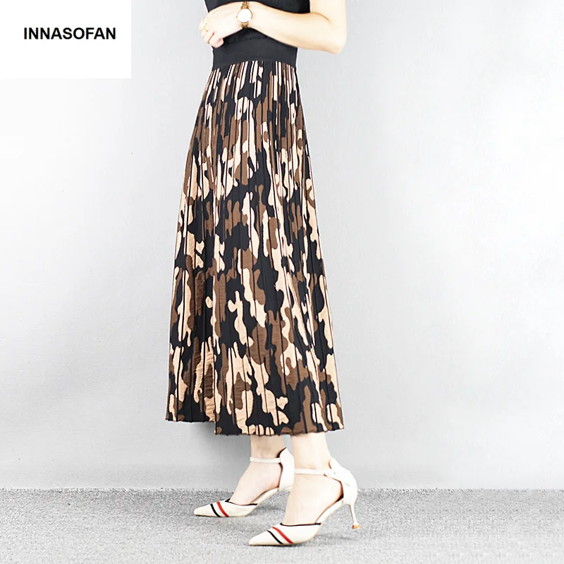 INNASOFAN, длинная трикотажная юбка для женщин, Осень-зима, плиссированная юбка, высокая талия, модная, высокая, шикарная юбка
