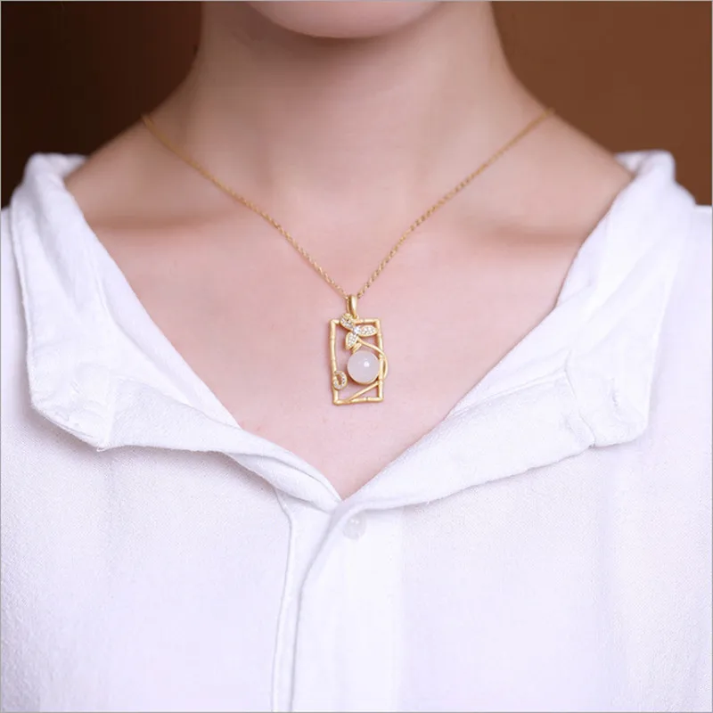 Necklace Безглицый китайский шикарный полый квадратный ювелирный набор для женщин 925 Серебряное колье с узором в виде листика серьги Нефритовые Шары драгоценные камни P1054 - Цвет камня: Necklace
