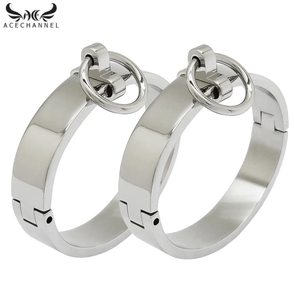 

Polished stainless steel lockable slave wrist and ankle cuffs bondage restraints bracelet with removable O ring