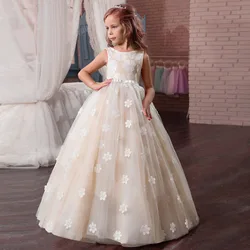 Champagne Flower Girl Dresses For Weddings Ball Gown Scoop Tulle Appliques Long First Communion Dresses Little Girl