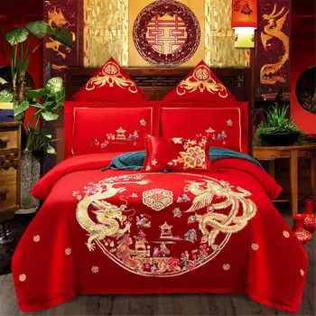 

2019 4pcs/set Red Dragon and phoenix Printing wedding Bedding Set Bed Linings Duvet Cover Bed Sheet queen/king size