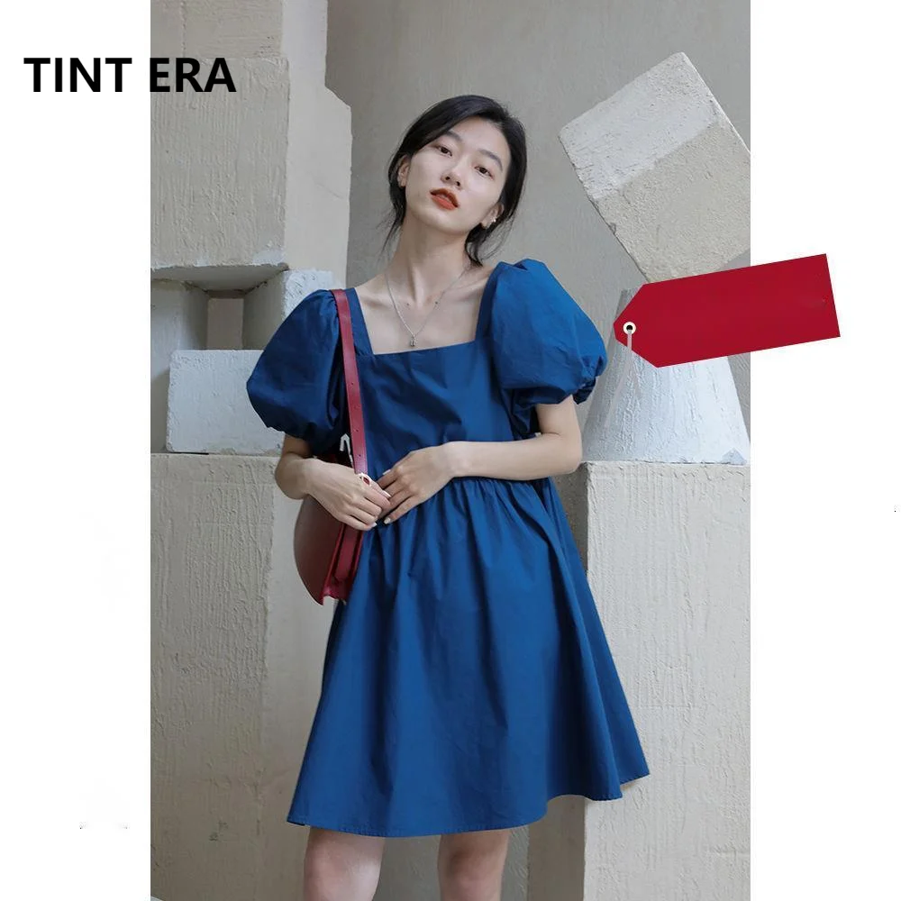 TINT ERA Dress Female Summer 2021 New French Style Square Collar Loose Short Paragraph Thin Puff Sleeve Skirt Vintage Harajuku | Женская
