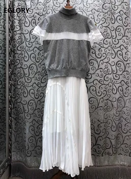 

Women's Set 2020 Spring Autumn Long Dress Set Ladies Turtleneck Knitted Pullovers+Sleevless White Dark Blue Long Maxi Dress Suit