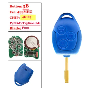 

433MHz 4D63 Chip P/N:6C1T15K601AG 3 Button Remote Car Key Fob for Ford Transit WM VM Blue Blade FO21 P/N:6C1T15K601AG