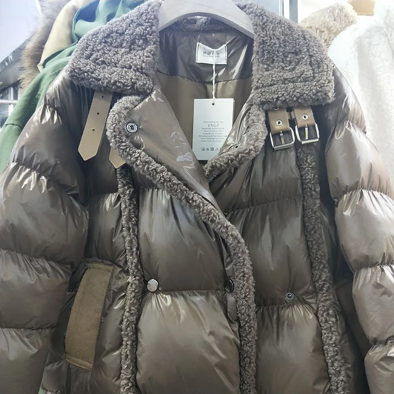 Зимняя женская парка, новинка, Корейская, свободная, стоячий воротник, глянцевая панель, искусственный мех ягненка, с подкладкой, женская, толстая, хлопковая парка, пальто