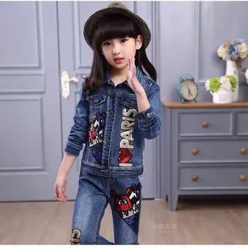 

Clothing Set for Girl Denim Jacket + Jeans 2pcs Cartoon Embroidered Kids Set Long Sleeve Teenage Girls Clothing for 4-14 Years