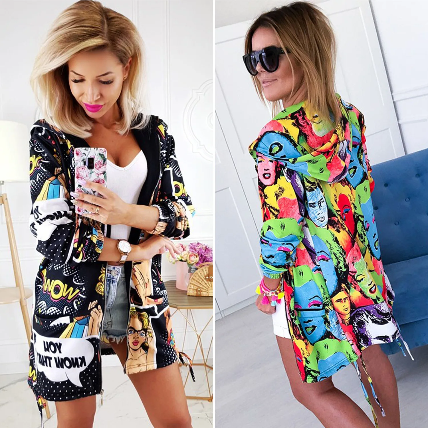 

Retro Printed Outwear Womens Fashion Jacket Coat Zipper Casual Loose Long Sleeve Female Long Coat Tops for Summer Autumn