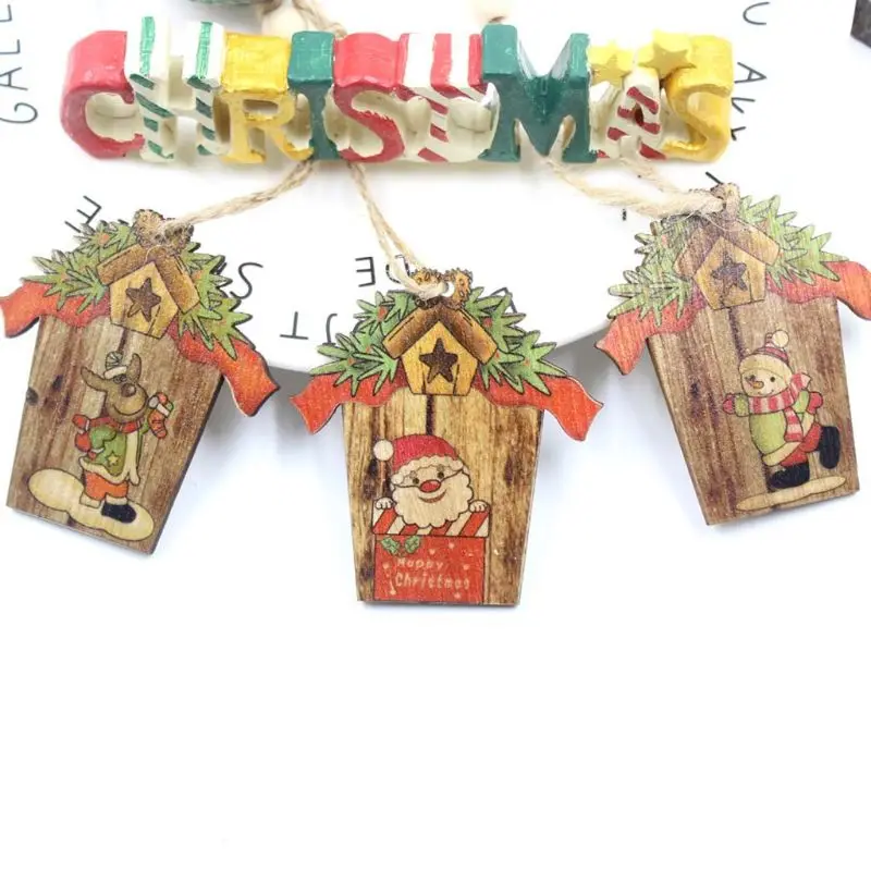 3 шт напечатанный деревянный Снеговик на веревочке Санта висячее украшение с