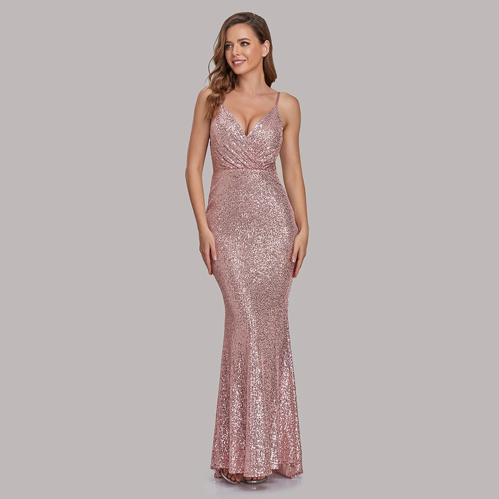 Sexy Sequins Evening Dresses V Neck Sleeveless Mermaid Women Occation Formal Party Gowns Spaghetti Strap Robe De Soriee Vestidos