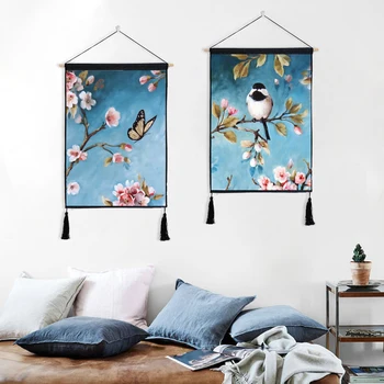 

Chinese Style Flowers and Birds Home Decor Wall Hanging Tapestry Cotton Linen Scroll Painting with Tassels Art Wall Decorating