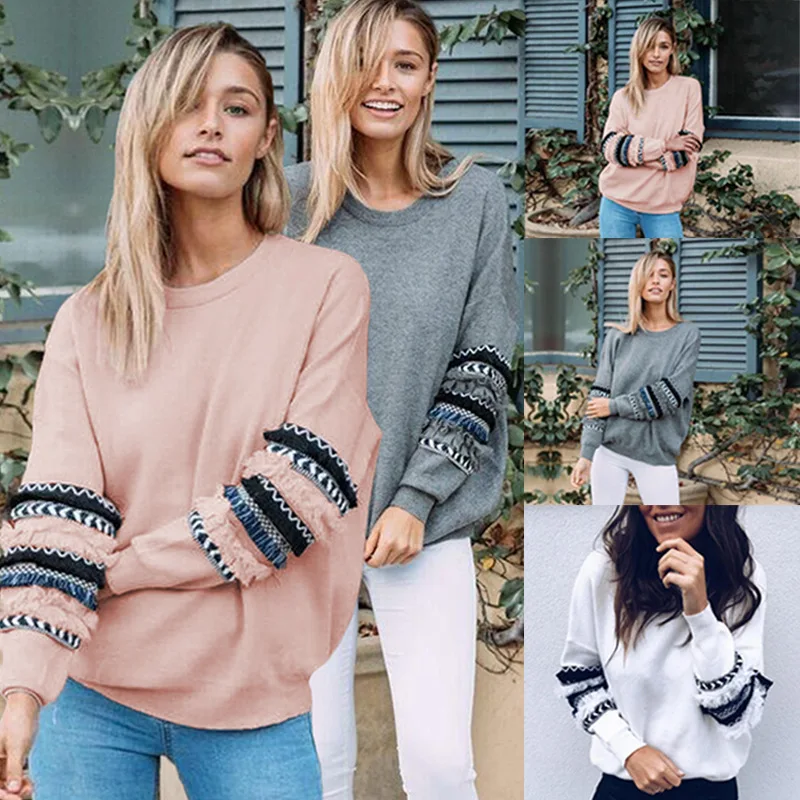 

Female Body Slimming Bohemian Shirt Autumn and Summer Womens Striped Print Round Neck Long Sleeve Stitching Blouse Women