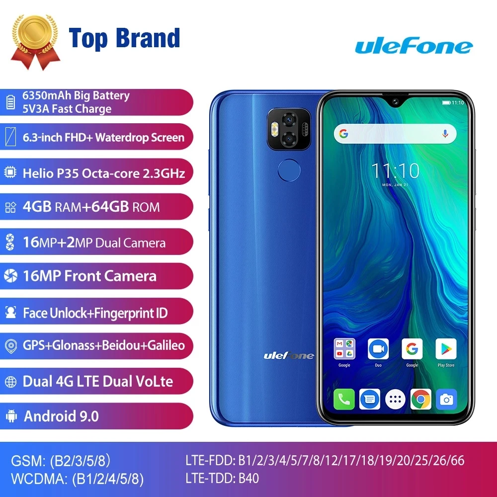 

Ulefone Power 6 4G Smartphone 6.3'' Android 9.0 Helio P35 Octa Core Mobile Phone 4GB RAM 64GB ROM Cellphone OTG NFC 5800mAh