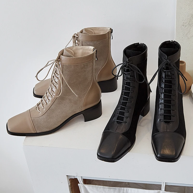 ISNOM/ботильоны в байкерском стиле; женские ботинки на высоком каблуке; обувь из коровьей кожи; женская модная обувь на шнуровке с квадратным носком; Новинка года