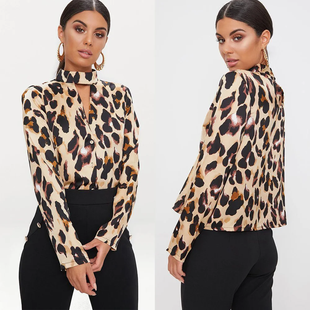 Рубашки плюс женские леопардовые Блузки размер блузки с длинным рукавом с бретелькой на шее рубашки повседневные блузки осенние модные блузы