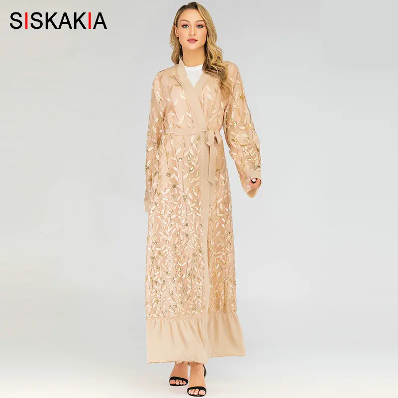 Siskakia мусульманский открытый абайя Мода блёстки Листья Вышивка Ближний Восток халаты кружева сетки лоскутное арабское носит синий серый