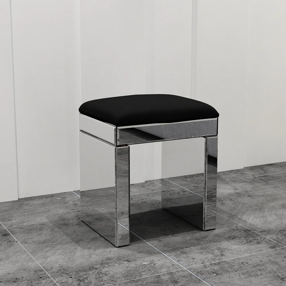 Mirrored Glass Furniture Stool With Black Faux Leather for Dressing Table 