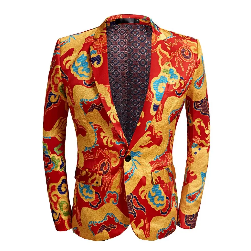 Модный мужской повседневный костюм с принтом красного дракона, пиджак, блейзеры