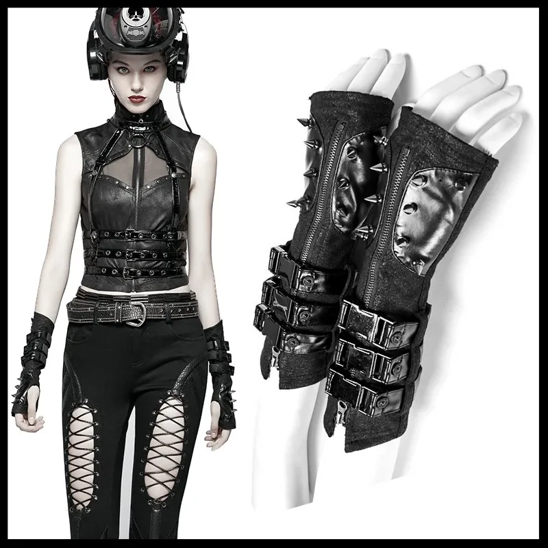 

PUNK RAVE Women Punk Rock Black Leather Fingerless Gloves Fashion Women Motorcycle Long Gloves Arm Warmers Mittens