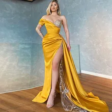 

Xijun Beading Crystal High Side Split Satin Mermaid Prom Dresses Long Sleeve Pleat Ruched Evening Gowns Formal Party Dress